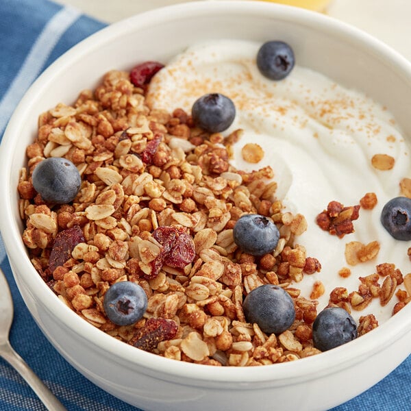 A bowl of Bear Naked Original Cinnamon Granola with yogurt and blueberries.
