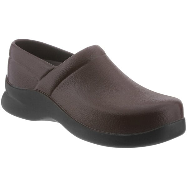 A mahogany leather Klogs women's clog with a black sole.
