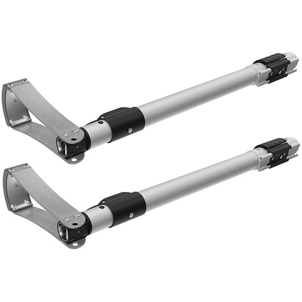 A pair of metal poles with metal brackets and handles on them.