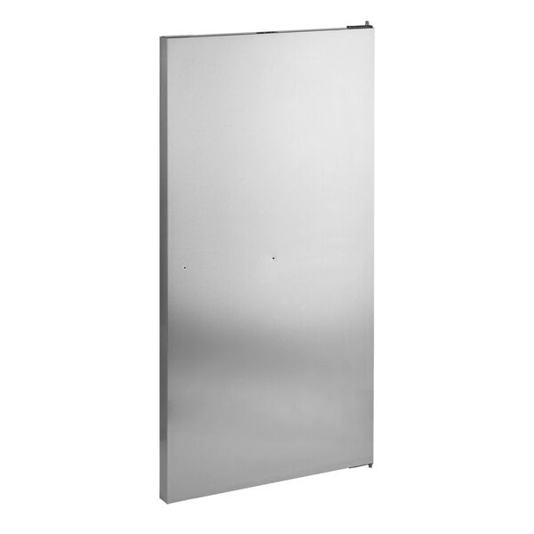 A white rectangular solid door with a black handle.