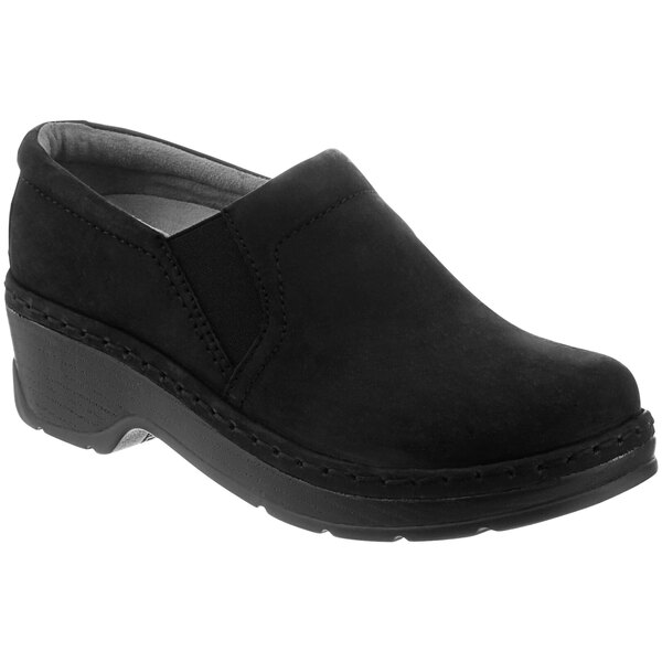 A pair of women's black Klogs slip-on shoes with a rubber sole.