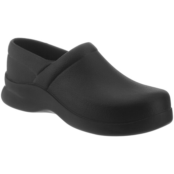 A pair of black Klogs clogs with a rubber sole.