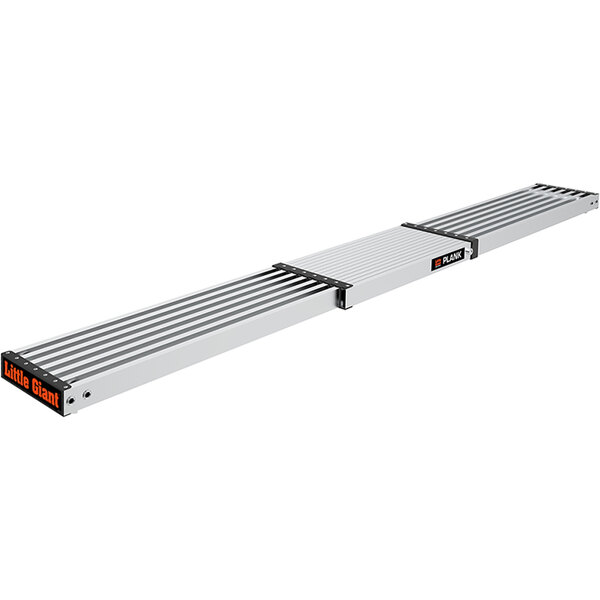 A Little Giant aluminum telescoping plank with metal bars and orange handles.