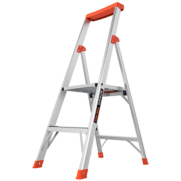 A Little Giant aluminum step ladder with orange handles.