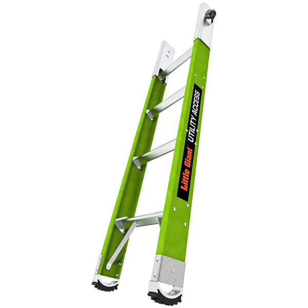A green Little Giant fiberglass ladder base section with wheels.