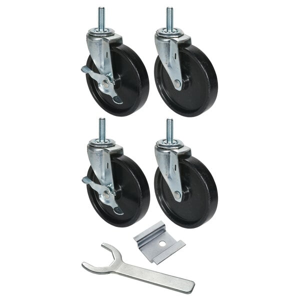 A set of four black Beverage-Air caster wheels with a wrench.