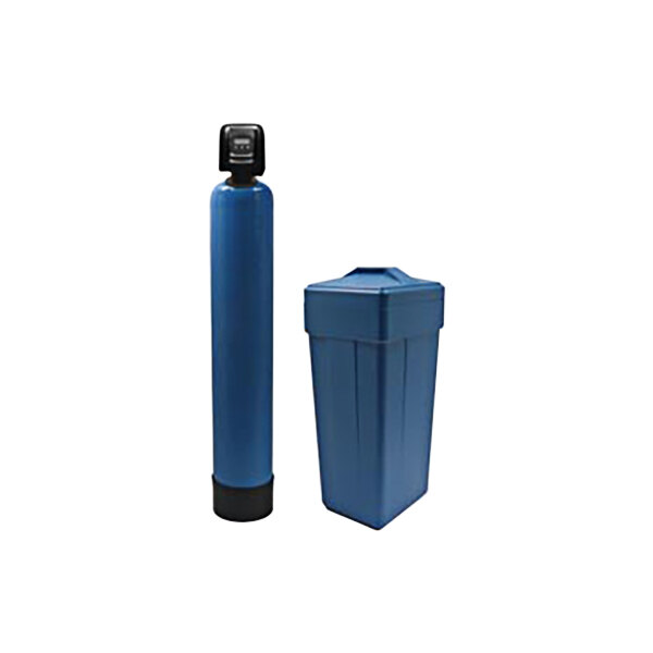 A blue Corrigan water softener system with a black container.