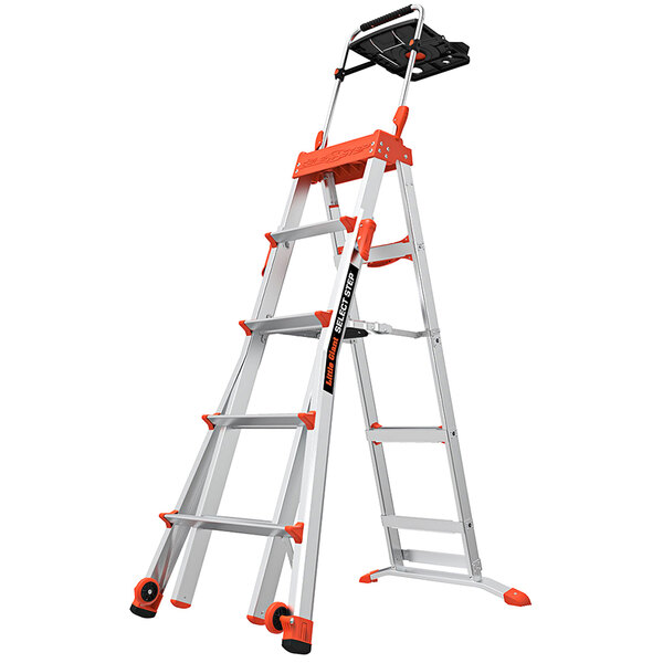 A Little Giant aluminum industrial step ladder with orange and black handles.
