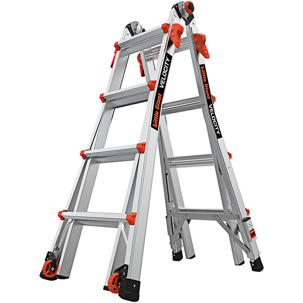 A Little Giant aluminum articulated extendable ladder with orange wheels.