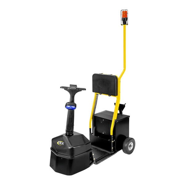 A black and yellow Amigo Dex HD motorized tow tractor with a handle.