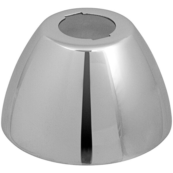 A chrome metal cone-shaped deck escutcheon with a hole in the center.