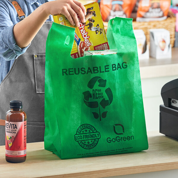 1/6 Size Green NonWoven Reusable TShirt Bag 100/Case