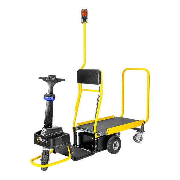 A yellow and black Amigo Dex Pro motorized cart with a seat and a handle.