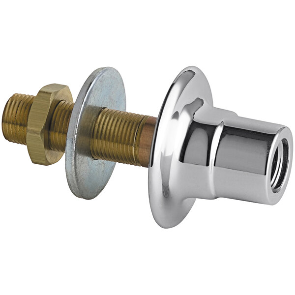 A Chicago Faucets chrome plated brass wall flange with a nut.