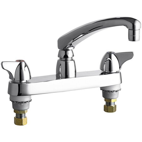 A Chicago Faucets chrome deck-mounted faucet with two handles and an 8" L-type swing spout.