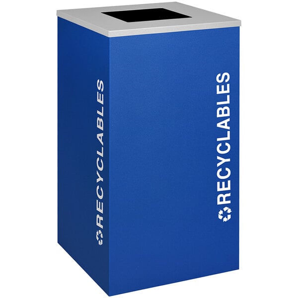 A royal blue square recycling bin with white text that says "Recyclables" on the side.