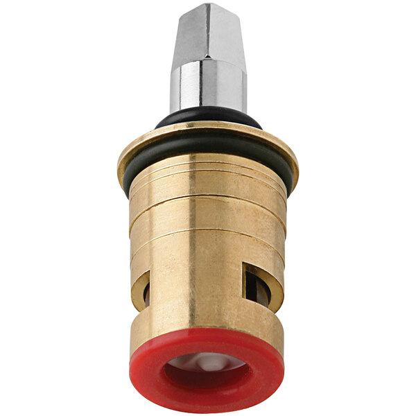A close-up of a brass and red Chicago Faucets ceramic valve with a red circle.