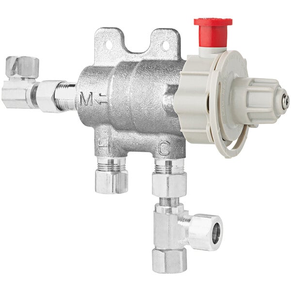 A silver metal Chicago Faucets thermostatic mixing valve with a red knob.