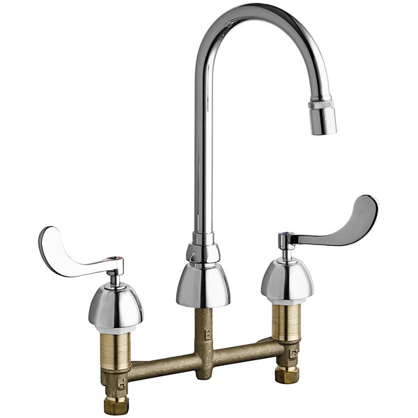 A chrome deck-mounted Chicago Faucets faucet with levers and a gooseneck spout.