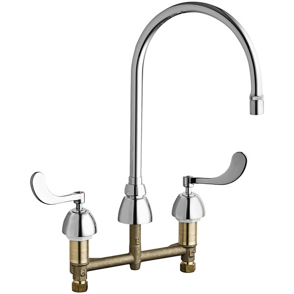 A chrome Chicago Faucets deck-mounted faucet with two gooseneck handles.