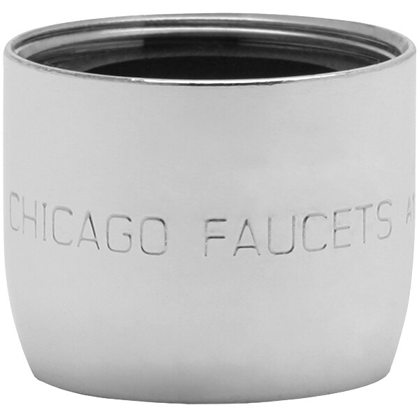 A silver Chicago Faucets laminar flow outlet with text on it.