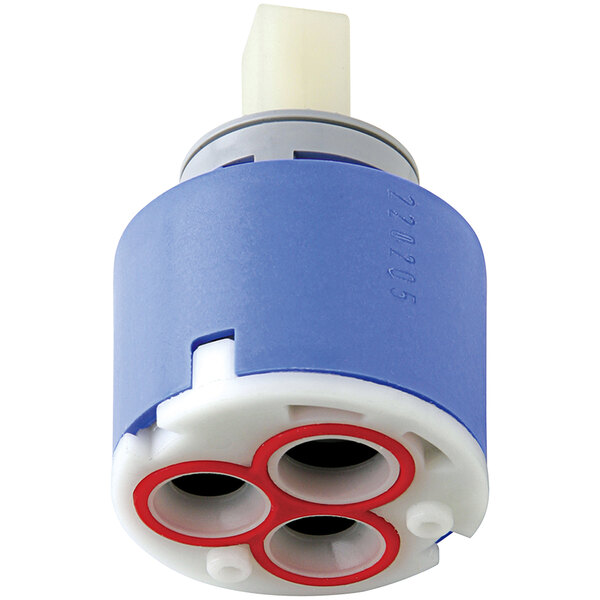 A blue and white Chicago Faucets ceramic water valve with red circles.