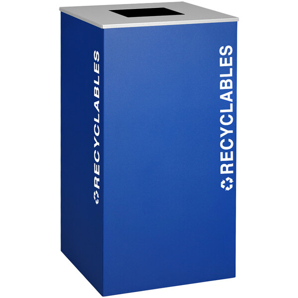 A royal blue square recycling bin with white text reading "Recycles".