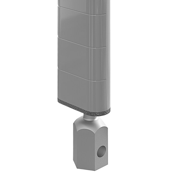 A silver MetroMax shelving post with a grey top and a hole.
