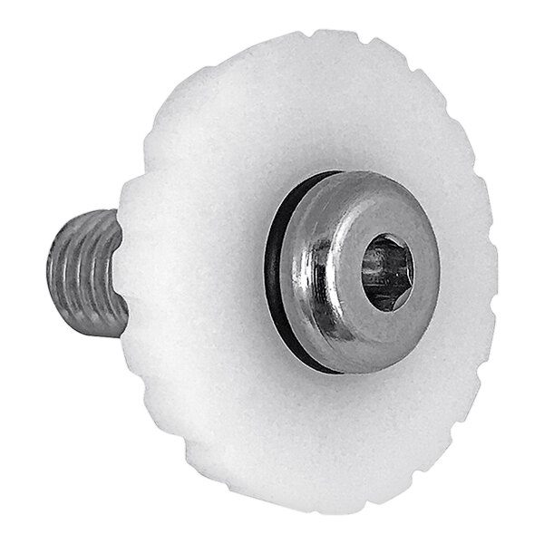 A white plastic screw with a round metal nut.