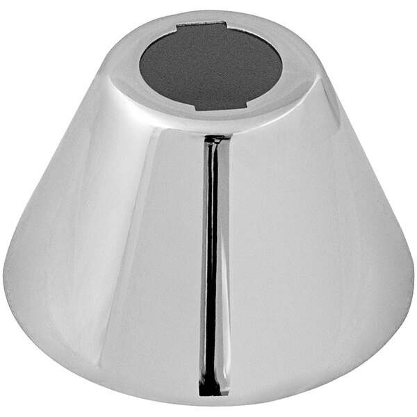 A chrome Chicago Faucets escutcheon with a silver cone shape and black center.