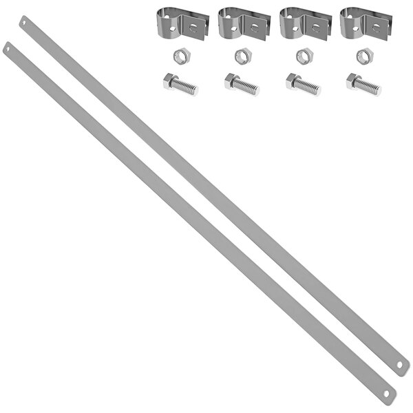 A group of metal straps and bolts with stainless steel hardware.