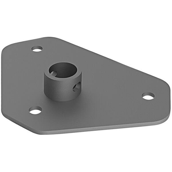 A grey metal triangular base plate with holes.