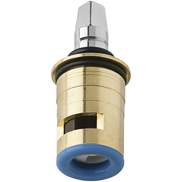 A close-up of a brass and blue threaded Chicago Faucets operating cartridge.