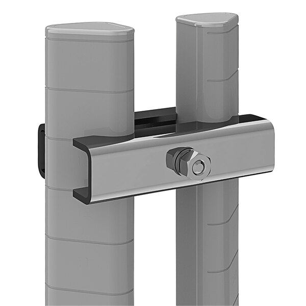 A pair of MetroMax stainless steel post clamps with a bolt and nut.