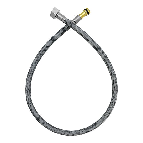 A grey braided hose with a metal nut and a yellow hose.