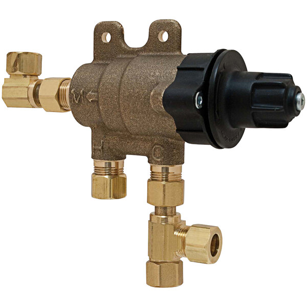 A Chicago Faucets brass thermostatic mixing valve with 3/8" tee inlet and angle outlet.
