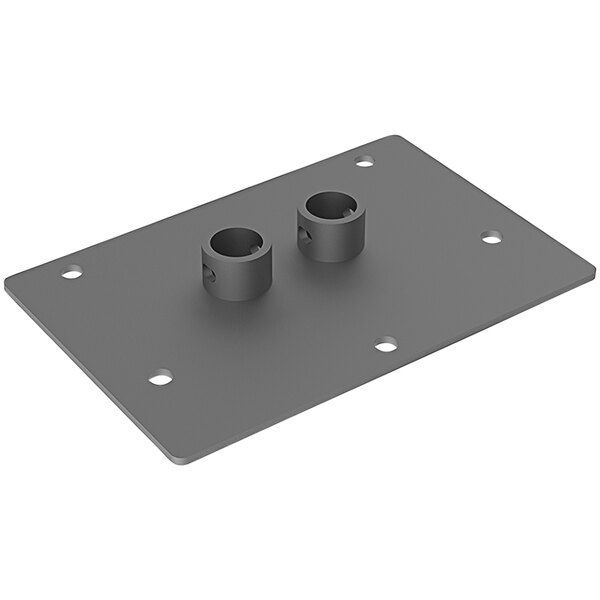 A grey metal Metro rectangular base plate with holes.
