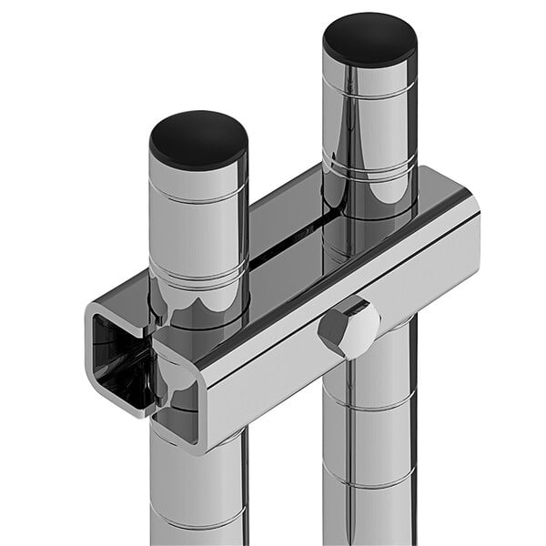 Two stainless steel Metro Super Erecta post clamps with black handles on a metal pipe.