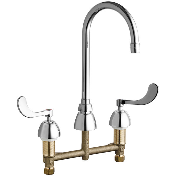 A chrome Chicago Faucets deck-mounted faucet with two wristblade handles and a gooseneck spout.