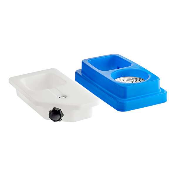 A white and blue PourAway liquid waste disposal container lid.