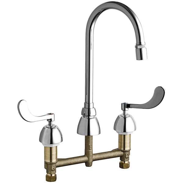A Chicago Faucets deck-mounted faucet with levers and a gooseneck spout.