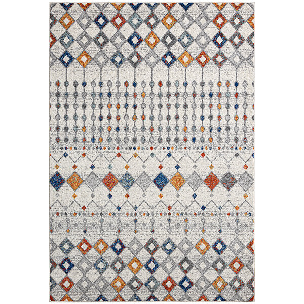 A white room with a 4' x 6' Abani Casa Collection multicolor Moroccan area rug with geometric patterns.