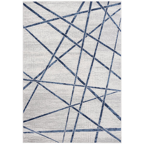 An Abani Atlas Collection blue and gray area rug with criss cross lines in a room with blue lines on it.
