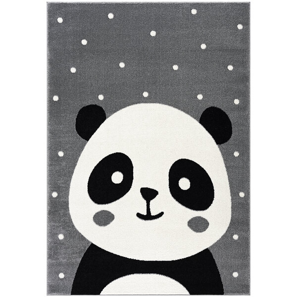 A white area rug with a gray panda face and stars.