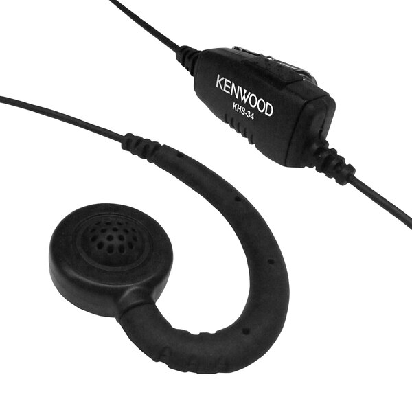 A close-up of a black Kenwood ear hanger with an in-line microphone.