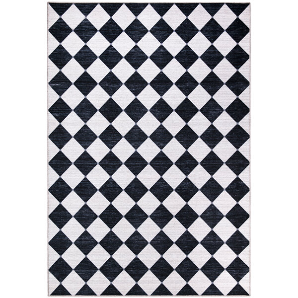 A cream and black Abani Parker Collection rug with a diamond checkered pattern.