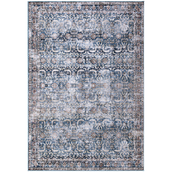 A blue and brown Abani Lola Collection area rug with an ornate pattern.