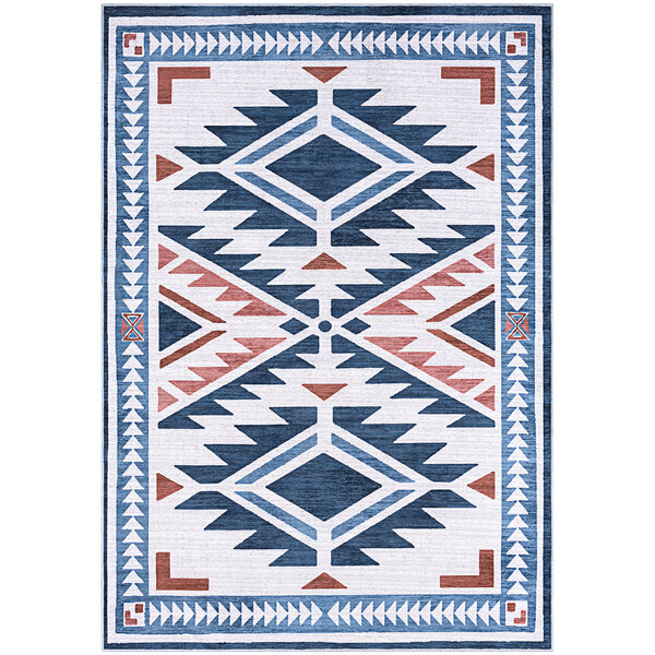 An Abani Molana Collection beige and blue southwestern diamond area rug with a pattern including blue and red.