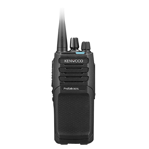 A close-up of a black Kenwood ProTalk walkie talkie with white details.