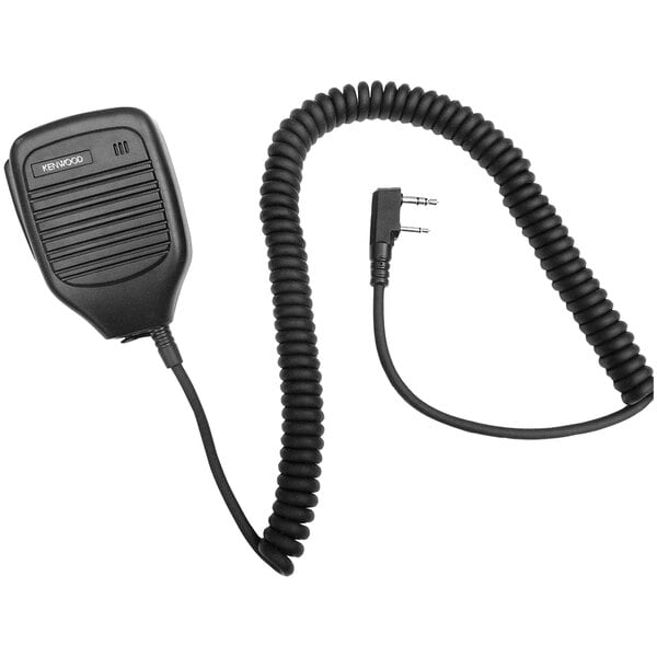 A close-up of a black Kenwood shoulder speaker microphone with a coiled cord.